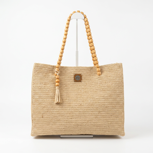 Sac cabas en paille avec poignées en perles de bois et pompon, style bohème, sac de plage d'été - Product Image 1