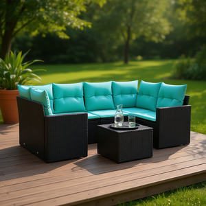 Juego de sofás de patio de ratán sintético negro, 7 piezas con cojines, muebles de exterior, estilo contemporáneo, diseño moderno - Product Image 2