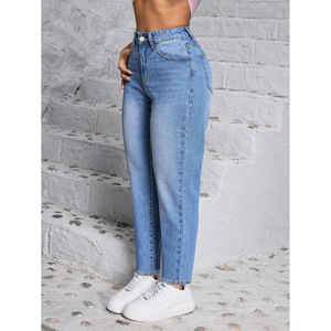 Women's Light Blue High <b>Elasticity</b> Straight Leg <b>Jeans</b> Medium Stretch Crouching Waist Japanese Korean Leisure Style - Product Image 4