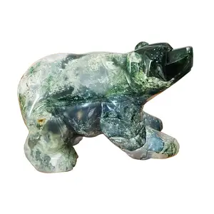 北极熊小雕像天然苔藓玛瑙雕刻熊雕像绿色宝石熊雕塑