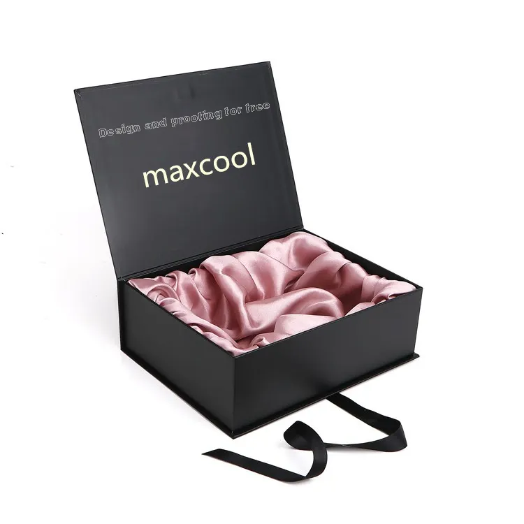 Luxury Black Hair Extension Packaging Box Custom Logo Paper Magnetic Gift Satin Hair Packaging Wig Box