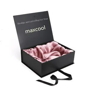 Scatola di imballaggio di estensione dei capelli neri di lusso Logo personalizzato carta regalo magnetico confezione di capelli in raso confezione regalo scatola di parrucca set