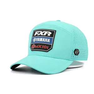Cap Caps Hats Manufacturer Custom 7 Panel Polyester PVC Rubber Patch Cool Green Laser Cut Hole Breathable Sports Performance Baseball Snapback Cap Hats
