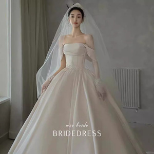Mss Bride Wedding Dress Satin Off Shoulder Ball Gown Princess Waistline White Floor Length Vintage Style - Product Image 2