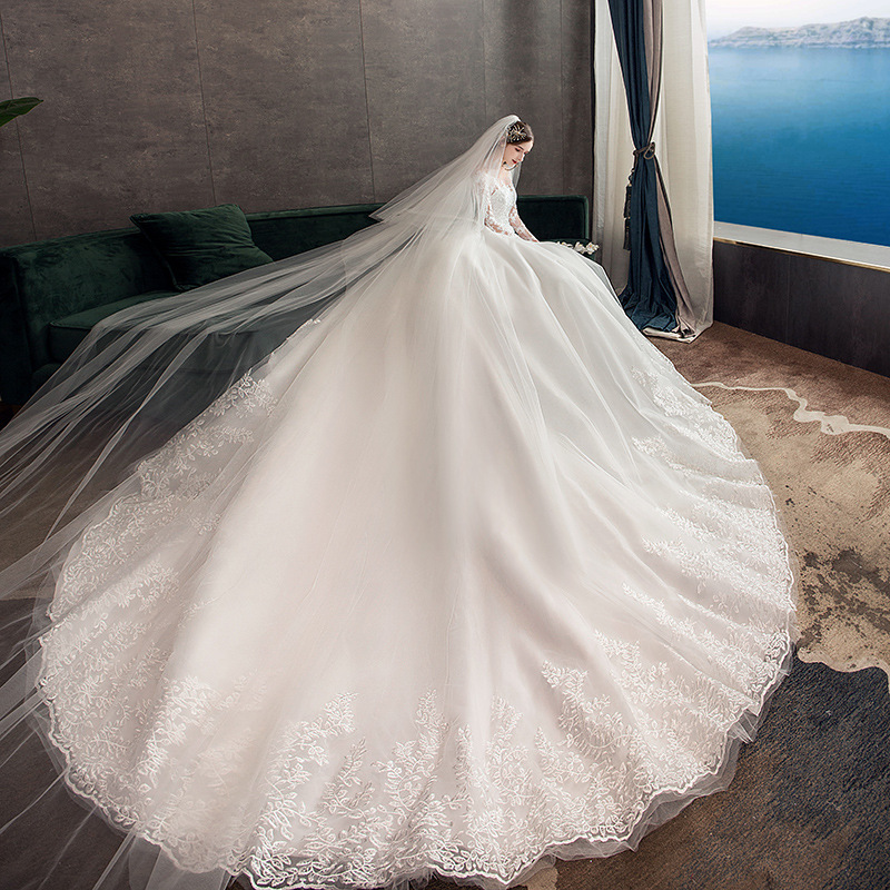 Long Sleeve Classic Victorian Vintage Royal Train Lace Embroidered Puffy Ball Gown Wedding Dress