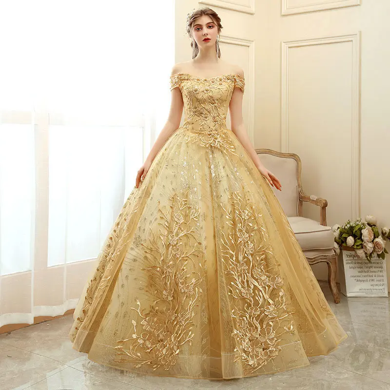 Vestido de noche largo de talla grande con lentejuelas brillantes, bordado de flores, sin hombros, dorado, para boda