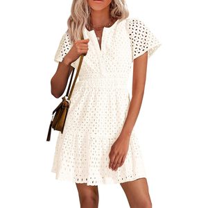Robe Courte d'Été pour Femme, Col en V, Manches Courtes, Coupe Trapèze, Dentelle Évidée, Décontractée, pour Plage et Soirée, Robe de Printemps, Taille Élastique, Respirante - Product Image 1