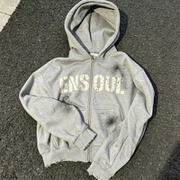 Fabricants OEM de streetwear : Sweat à capuche zippé pour homme, gris, imprimé effet craquelé, coupe oversize, en molleton bouclette, délavé et vieilli, style vintage