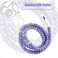 Câble de charge USB 3-en-1 scintillant violet à texture florale perlée, décoratif, multi-embouts, universel pour synchronisation de données téléphoniques