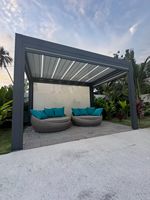 Pavillon moderne en aluminium avec toit à lamelles motorisées 100% imperméable Auvent de terrasse extérieur avec éclairage LED