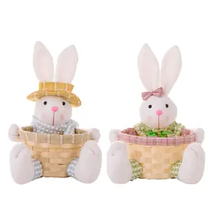 NISEVEN Hot Sale Easter Ornament Cute Rabbit Rattan Basket Gift Wicker Woven Basket Empty Candy Egg Easter Woven Basket