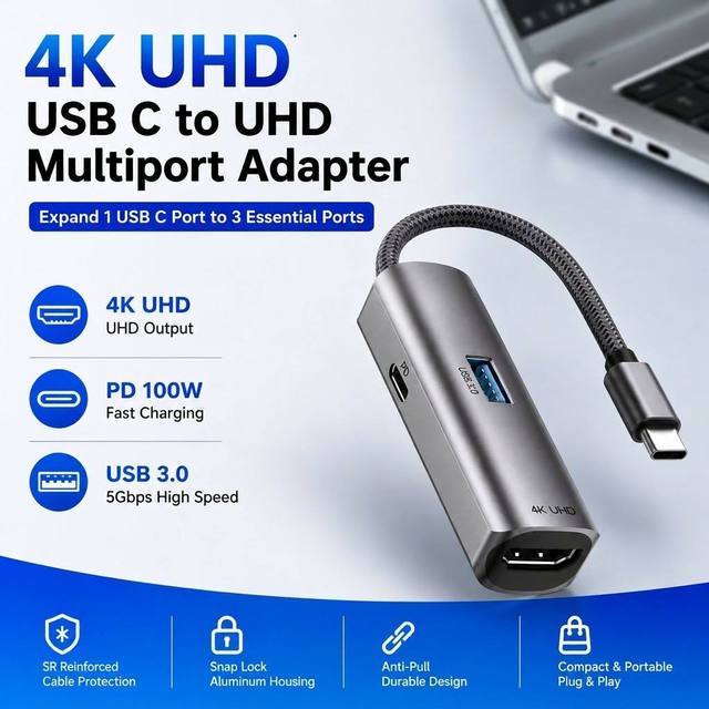 UNIEAN Usb C Hub UHD 4k30Hz Adapter With Durable SR Cable Protection PD100W Usb 3.0 Expansion for Macbook and Laptop