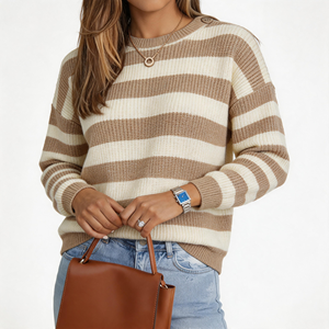 Suéter Corto de Punto Casual Color Crema Caqui con Rayas Horizontales Anchas y Botones Laterales, Cuello Redondo, Cómodo - Product Image 1