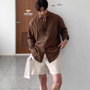 <span class=keywords><strong>Camisa</strong></span> Marrón para Hombre, Primavera, Transpirable, Mezcla de <span class=keywords><strong>Lino</strong></span>, Corte Holgado, Manga Larga, Casual, con Botones - Product Image 1