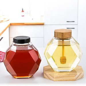 Wholesale 500g 380ml Unique Food Safe Design clear <b>Empty</b> Hexagon Glass <b>Jar</b> With Metal Closure Lid and Wooden Cork Lids - Product Image 1