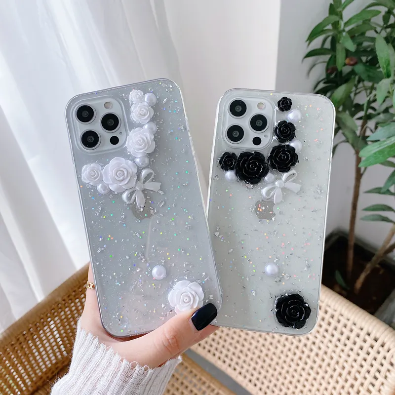 Shiny Black and White 3D Flower Phone Cover Casing iPhone for iPhone 12