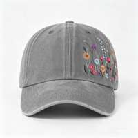 Topi Baseball Wanita Kasual Model Lengkung Warna Abu-abu Bordir Bunga Warna-warni Katun Vintage Cuci Kering, Ukuran Dapat Disesuaikan, Suplai Grosir