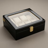 Boîte à montres en bois personnalisée avec fenêtre en verre, finition laquée brillante, 6 emplacements, coussin en velours, vente en gros pour l'affichage de montres de luxe, cadeau