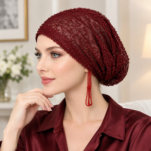 Damen Perlen-Netz-Turban-Kappe mit Quasten, Eleganter Einfarbiger Stretch-Kopftuch für Chemo-Patientinnen - Product Image 1