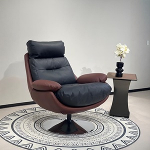 Fauteuil pivotant en cuir véritable écologique pour balcon, design moderne et épuré, avec accoudoirs et pieds en bois massif, mobilier d'appartement 9087 - Product Image 2