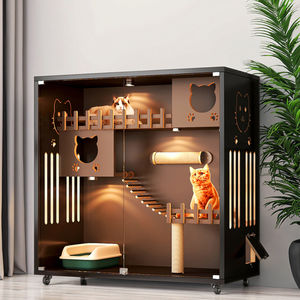 บ้านไม้และแก้วสำหรับแมววิลล่าดีไซน์ทันสมัยมีสี่ล้อที่เงียบสงบสากลกรงแมววิลล่าสำหรับแมวหลายตัว - Product Image 1