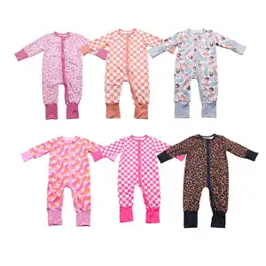 Custom New Design Milk Silk Fabric Long Sleeves Romper Cover Hands Baby Clothes Girl Boys Zipper Romper