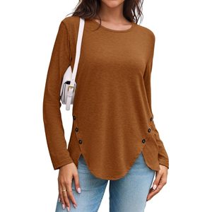 Fisoew Camisa informal de manga larga para mujer, cuello redondo, botones laterales, camisa asimétrica de punto, uso diario - Product Image 2
