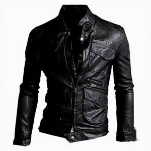 BS International Genuine Sheep Cow Leather Canvas <b>Racer</b> <b>Jacket</b> NA188 Mandarin Collar Waterproof Windproof Casual Winter Coat - Product Image 4