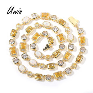 Kalung Rantai Hip-Hop <span class=keywords><strong>Opal</strong></span> Kuning Warna Campur dengan Zirkon Geometris Persegi Bulat, Aksesori Gaya Unik - Product Image 1