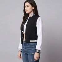 Jaket Varsity Wanita Hitam Putih Lengan Panjang Kerah Kancing Panjang Pendek Warna Kontras Bahan Poliester