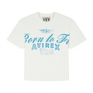 Custom OEM ODM 100% Cotton Avirex Men's <b>White</b> Short Sleeve T-Shirt With Blue Printed Logo O-Neck Casual Regular Fit Jersey - Product Image 1