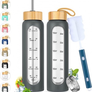 High Borosilicate Glass Water Bottle With Bamboo Lid Graduations Carrying Strap Silicone Sleeve Portable Travel Use - Product Image 5