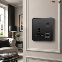 Prise murale industrielle standard britannique 16A noire avec interrupteur marche/arrêt, 4 prises, port de charge USB Type-C, IP20, prise électrique