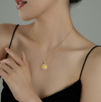 S925 <b>Sterling</b> <b>Silver</b> Square Yellow Gem Halo Pendant <b>Necklace</b> Retro High Grade Women Banquet DateGift Versatile Clavicle <b>Necklace</b> - Product Image 4
