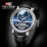 Montre mécanique automatique de luxe TEVISE avec tourbillon, bracelet en cuir, boîtier en alliage, résistante à l'eau 3BAR