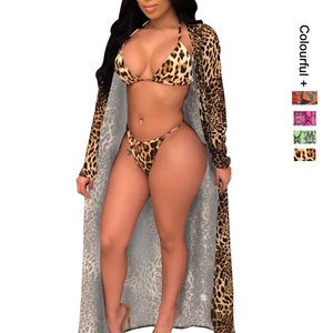 2020 Custom Micro Thong Bikini String and Leopard Bathing Suit with Cover UP 3 Piece Swimsuits For Women