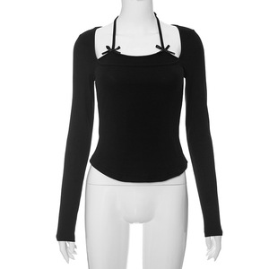 Camiseta de Moda para Mujer, de Manga Larga, con Lazo en el Cuello y Color Sólido - Product Image 4
