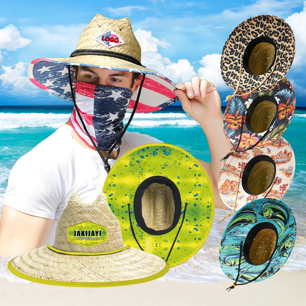 Chapeau de plage à large bord pour hommes et femmes, logo personnalisé, impression de palmier, grand, en paille noir, pour l'été, vente en gros,