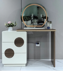 Wooden <b>Makeup</b> Vanity Table Set Round <b>LED</b> Illuminated <b>Mirror</b> Extendable Dresser With Storage Drawers Cushioned Stool For Bedroom - Product Image 1