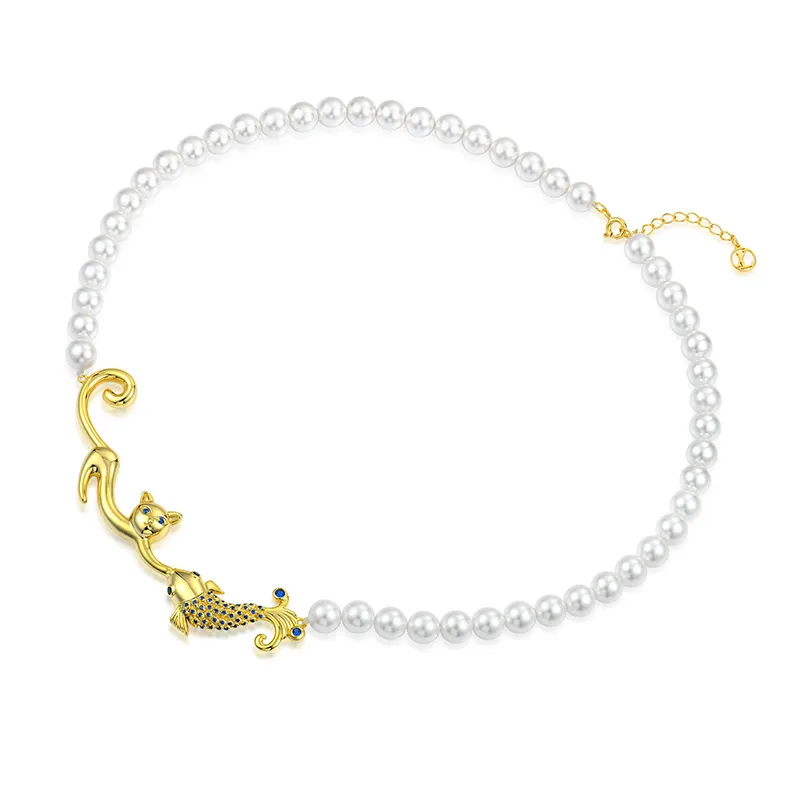 Yh Jewellery Luxury Jewelry 18K Gold Plated 925 Silver Cat And Fish Toggle Buckle White Shell Pearl Beaded Necklace