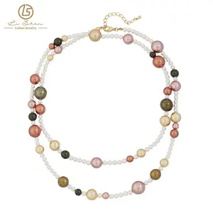 Colorful Glass Beads on Copper Gold Plated Imitation Pearl Beaded Ladies Necklace Long Sweater Chain Fashion Jewelry