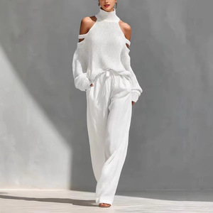 Ensemble pull en maille pour femme, col roulé épaules dénudées, manches longues, pantalon large, tenue décontractée deux pièces, blanc, abricot, gris, XSSMLXL - Product Image 3