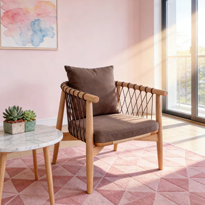 Sillón Individual de Madera Maciza de Estilo Nórdico, Sillón de Ocio para Balcón, Tejido con Cuerda, Moderno, para Sala de Estar - Product Image 1
