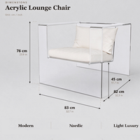 Fauteuil lounge sans accoudoirs en acrylique transparent de luxe nordique avec coussin en cuir/velours pour appartement, hall d'hôtel, salon, café, lounge