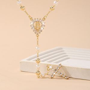 Nuovo <span class=keywords><strong>Rosario</strong></span> Lungo Religioso con Croce e Perline, Collana <span class=keywords><strong>Rosario</strong></span> Cattolico con Madonna, Collane con Perline Placcate <span class=keywords><strong>Oro</strong></span> - Product Image 4