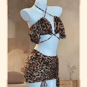 Conjunto de Lencería con Estampado de Leopardo para Mujer, 2 Piezas, con Volantes, Satinado, Sexy, Estilo Falda - Product Image 1