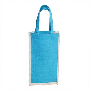 Sac de courses en jute turquoise LOWELLCRAFT avec bordure blanche et poignée supérieure pour le transport de vin, taille moyenne - Product Image 1