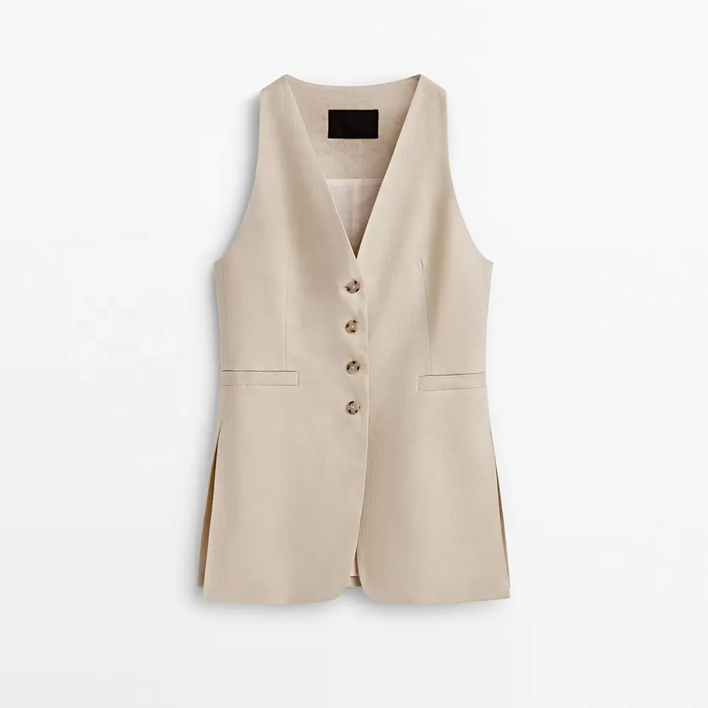 2023 Summer Elegant Fashionable Buttons Front V Neck Sleeveless Linen Cotton Vest Long Top Women's waistcoat