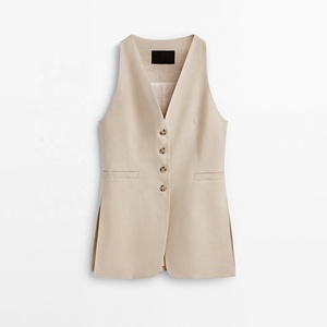 2023 Summer Elegant Fashionable Buttons Front V Neck Sleeveless <strong>Linen</strong> Cotton Vest Long Top <strong>Women's</strong> <strong>Waistcoat</strong> - Product Image 1