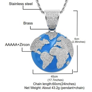 Collier pendentif globe terrestre en laiton émaillé bleu avec zircon cubique pour homme, style hip-hop, bijoux masculins, chaîne de mode - Product Image 2
